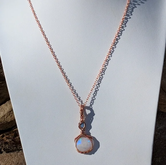 Mystical Opal Amulet Necklace Artisan Copper Wire Wrap With Dainty Chain - Picture 3 of 15